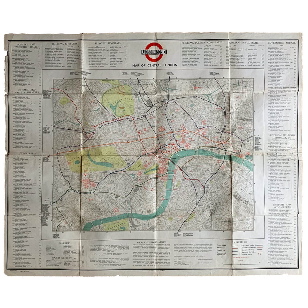 Vintage Original London Underground Station Wall Map, 1929