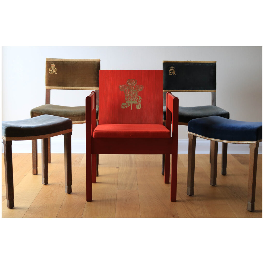 A suite of Coronation furniture including King George VI chair, stool; HM Queen Elizabeth II chair and stool; Prince Charles Investiture chair