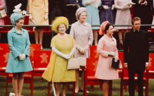 Queen Elizabeth, the Queen Mother; HRH Princess Anne; Princess Margaret and Lord Snowdon during the Investiture with chairs visible.