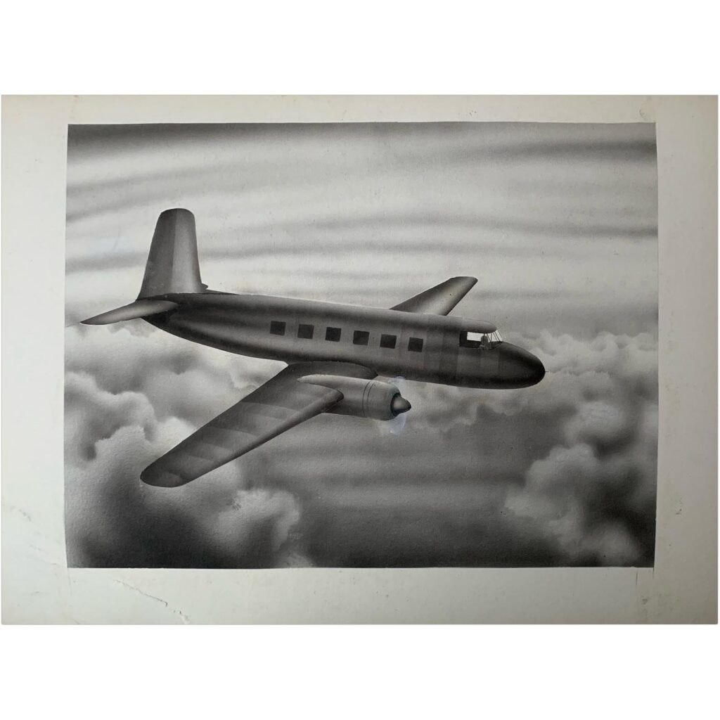 Original aviation art - 1950s illustration of a twin engined airliner mid flight