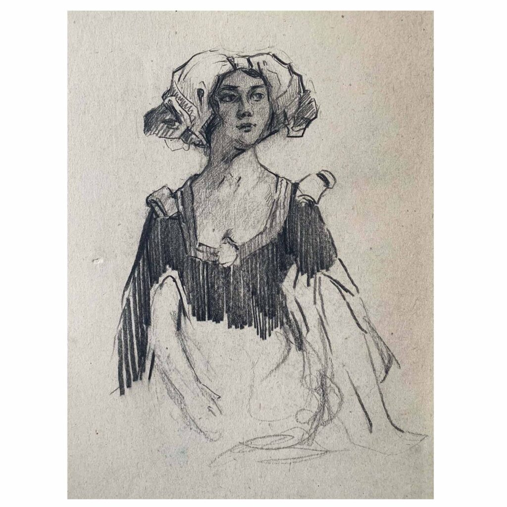 William Monk original portrait drawing, Female figure wearing a headdress