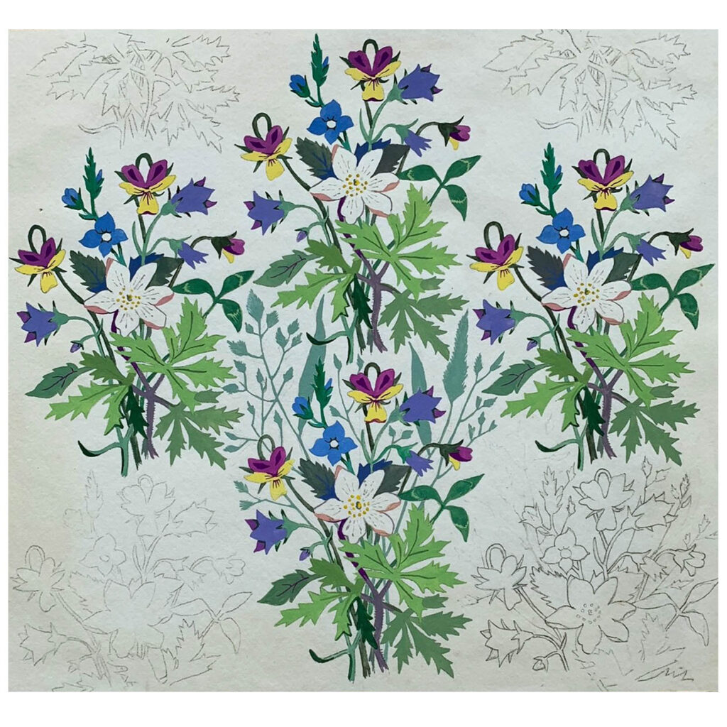 An original vintage concept design for wallpaper, 1930s, featuring wildflowers