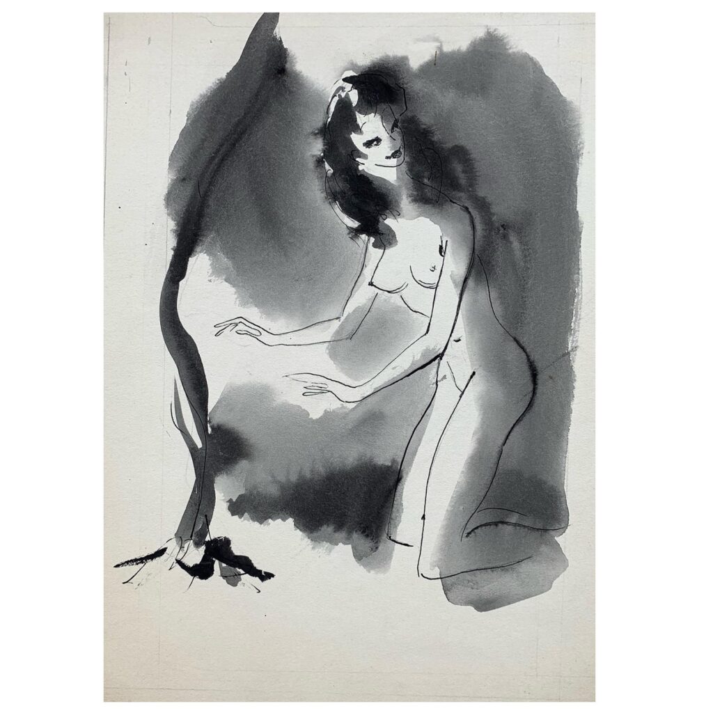 An original caricature of a female nude pin-up by Edgar Norfield, c. 1940s