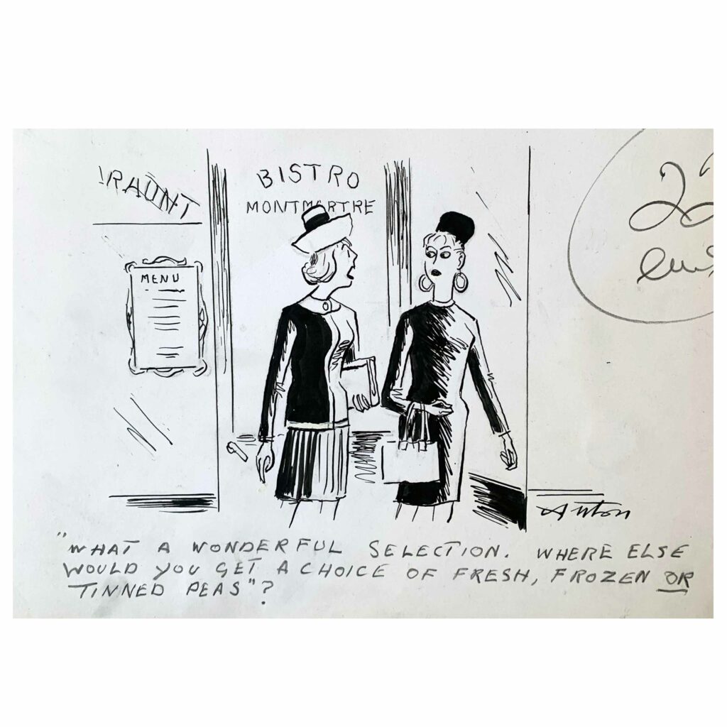 An original restaurant themed cartoon by Anton, 1966