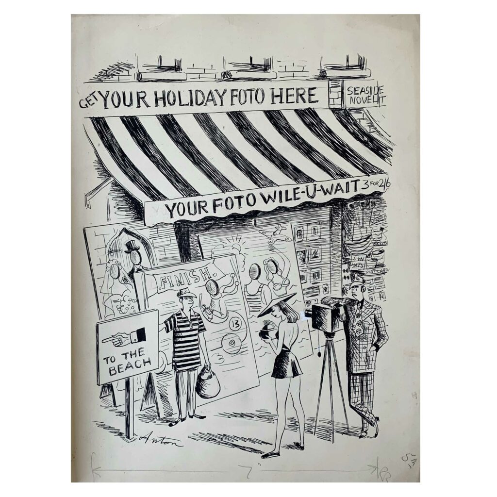 An original Anton seaside themed cartoon 'To The Beach', depicting a photography studio and customers in a coastal setting
